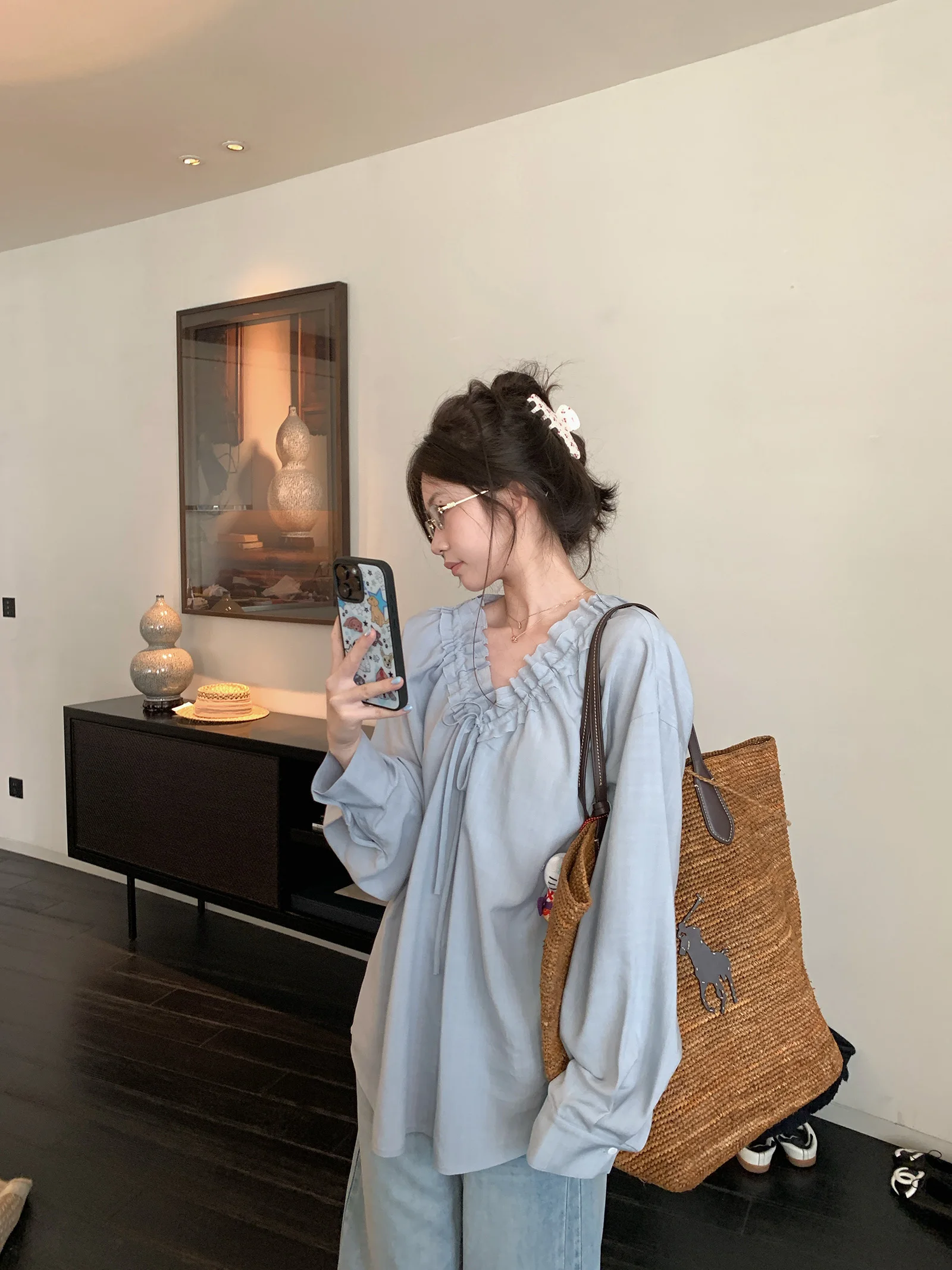 

Свободная женская рубашка с длинным рукавом, V-образным вырезом и кружевной отделкой, повседневная, летняя, с защитой от солнца, из 100% корейского тонкого волокна Rentesil, модель Sle