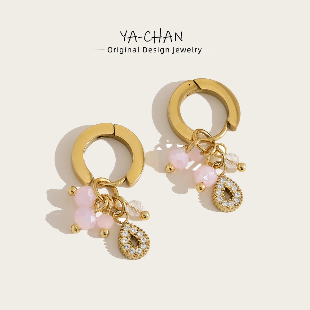 

YACHAN Pink Natural Stone Charms Stainless Steel Hoop Earrings for Women Chic 18K Gold Plated Dangle Earring Trendy Jewelry