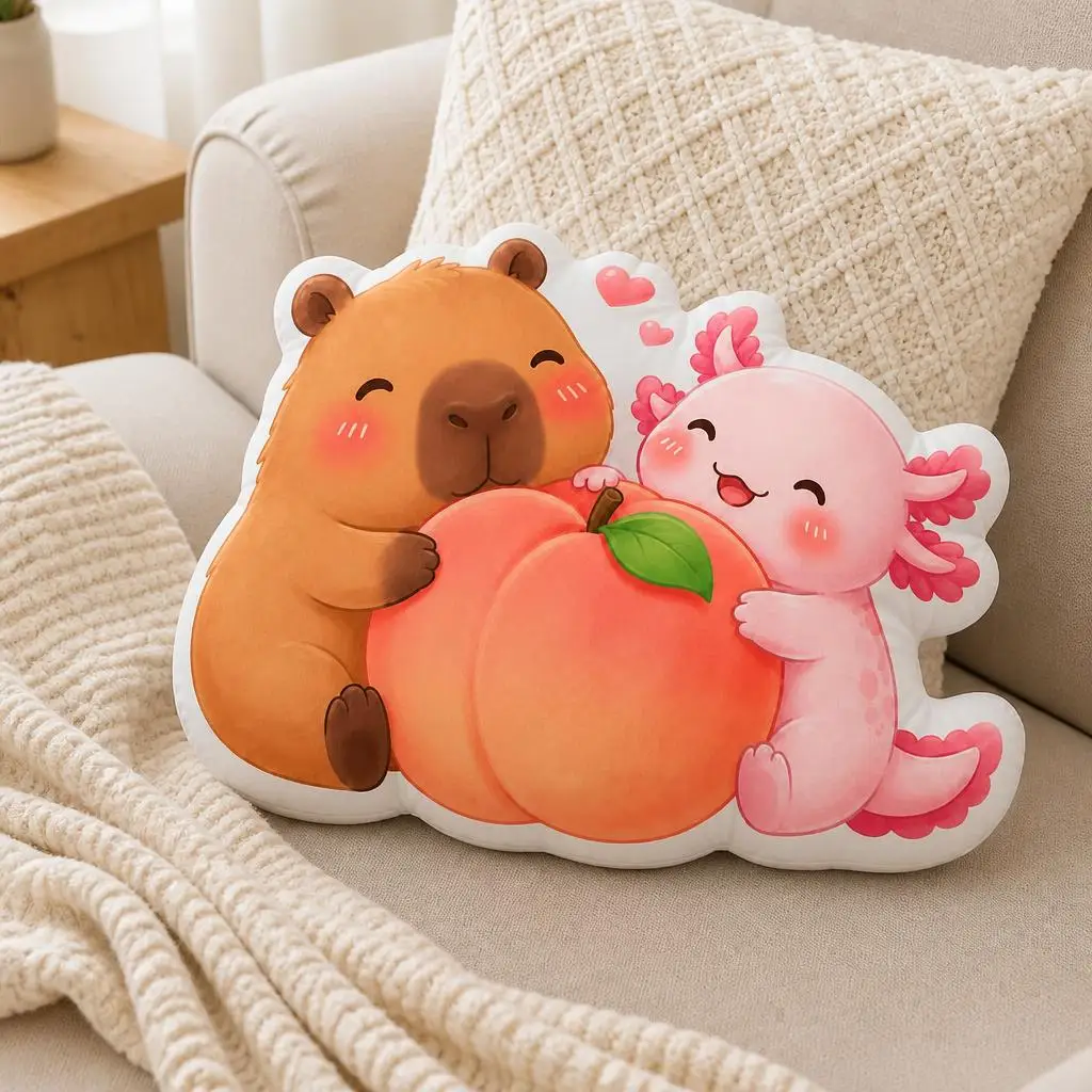 Cojín de Peluche Gigante con Forma de Durazno, con Capibara y Ajolote Abrazándose, Cojín Decorativo Irregular para el Hogar, Regalo para Sofá, Cama y Hogar