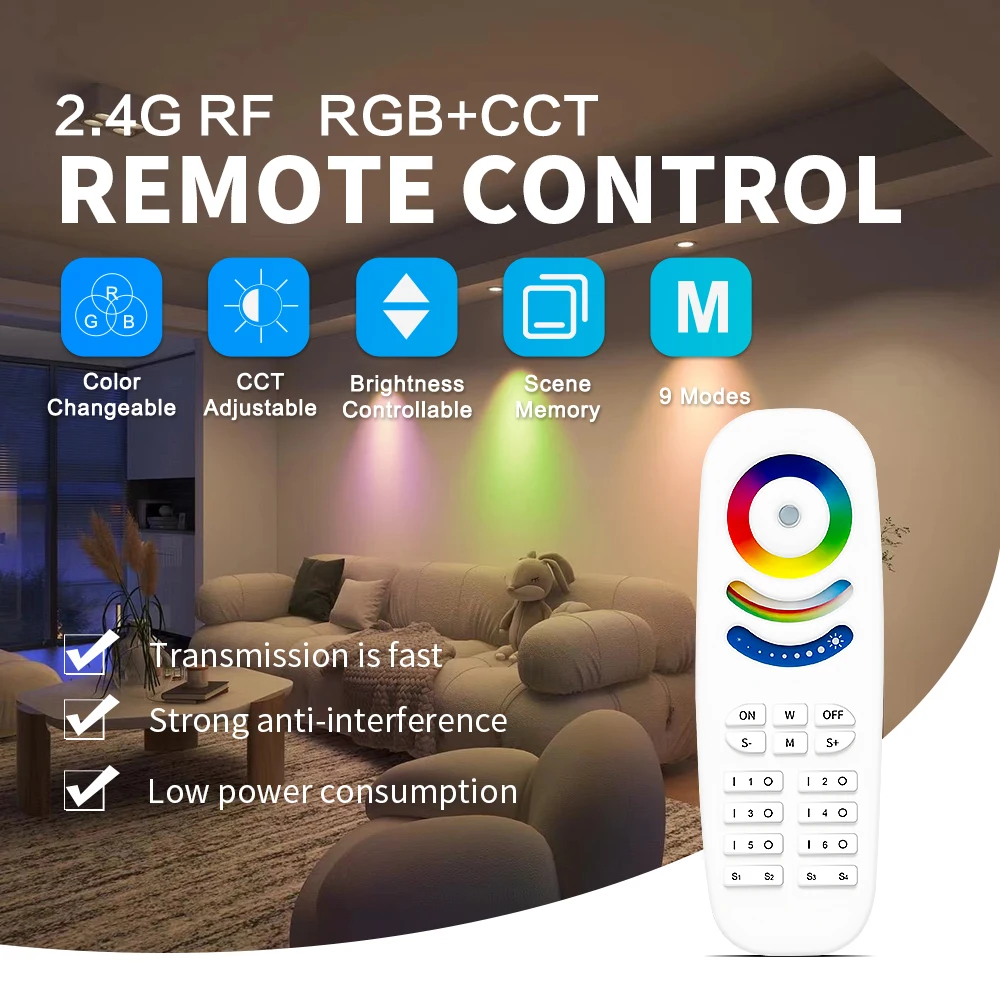 GLEDOPTO 2.4G RF Remote Control Scene Memory RGBCCT Adjustable Brightness Dimmable 6-Zone Group Light Modes 30M Control Distance