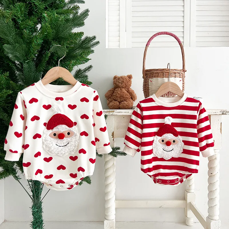 Baby Boys Bodysuits 2024 Christmas Winter Infant Toddler Girls Cute 3D Santa Claus Print Sweater Jumpsuits Outwear Clothing