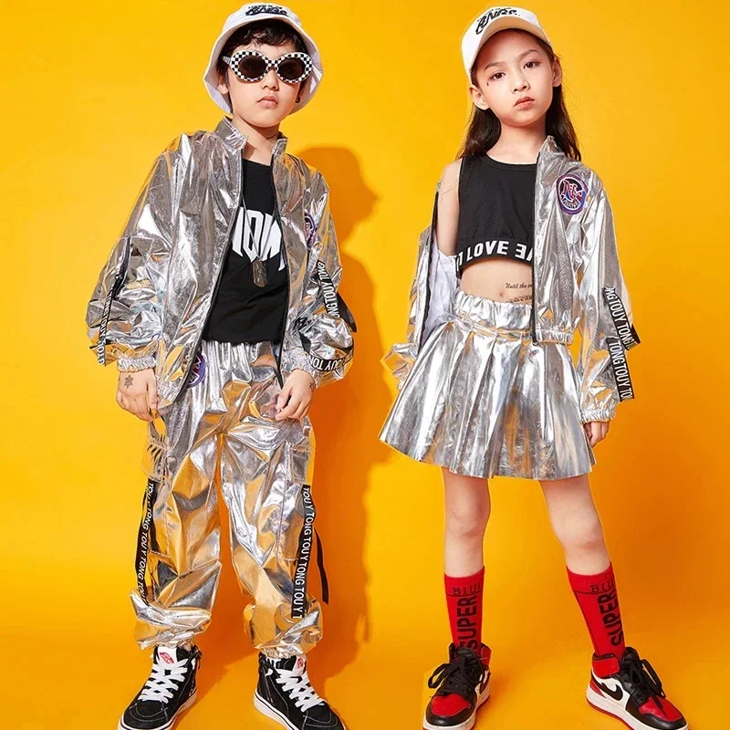 Hip Hop Boys Silver Jacket Girls Jazz Jogger Pants Street Dance Mini Skirt Clothes Sets Kids Sequin Costumes Child Streetwear