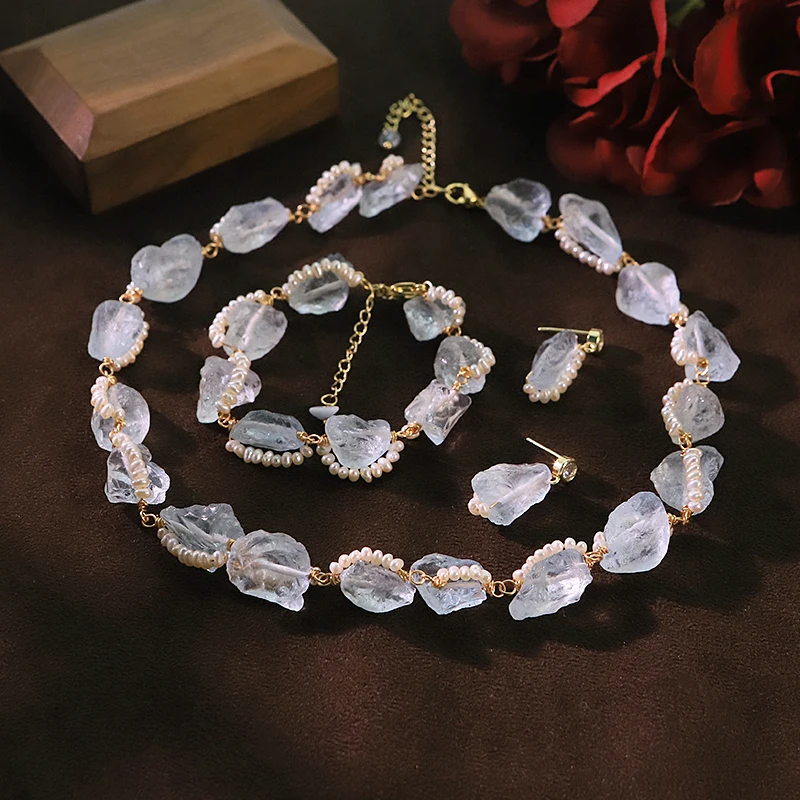 Natural Freshwater Pearl Aquamarine Jewelry Set for Women Daily Banquet Pearl Jewelry Set Gift Beach Vacation Dainty Jewelry view 4