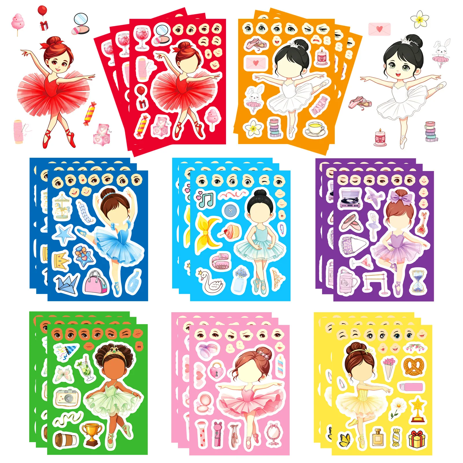 8/16Sheets Cute Ballet Girl Make a Face Puzzle Stickers Parent-Child Interactive Games Waterproof Sticker Kid Toys Party Gifts
