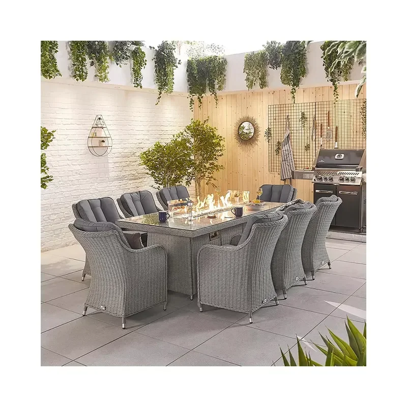FOR 8 SEAT GARDEN FURNITURE OUTDOOR RATTAN DINING TABLE SET WITH RECTANGULAR FIREPIT TABLE