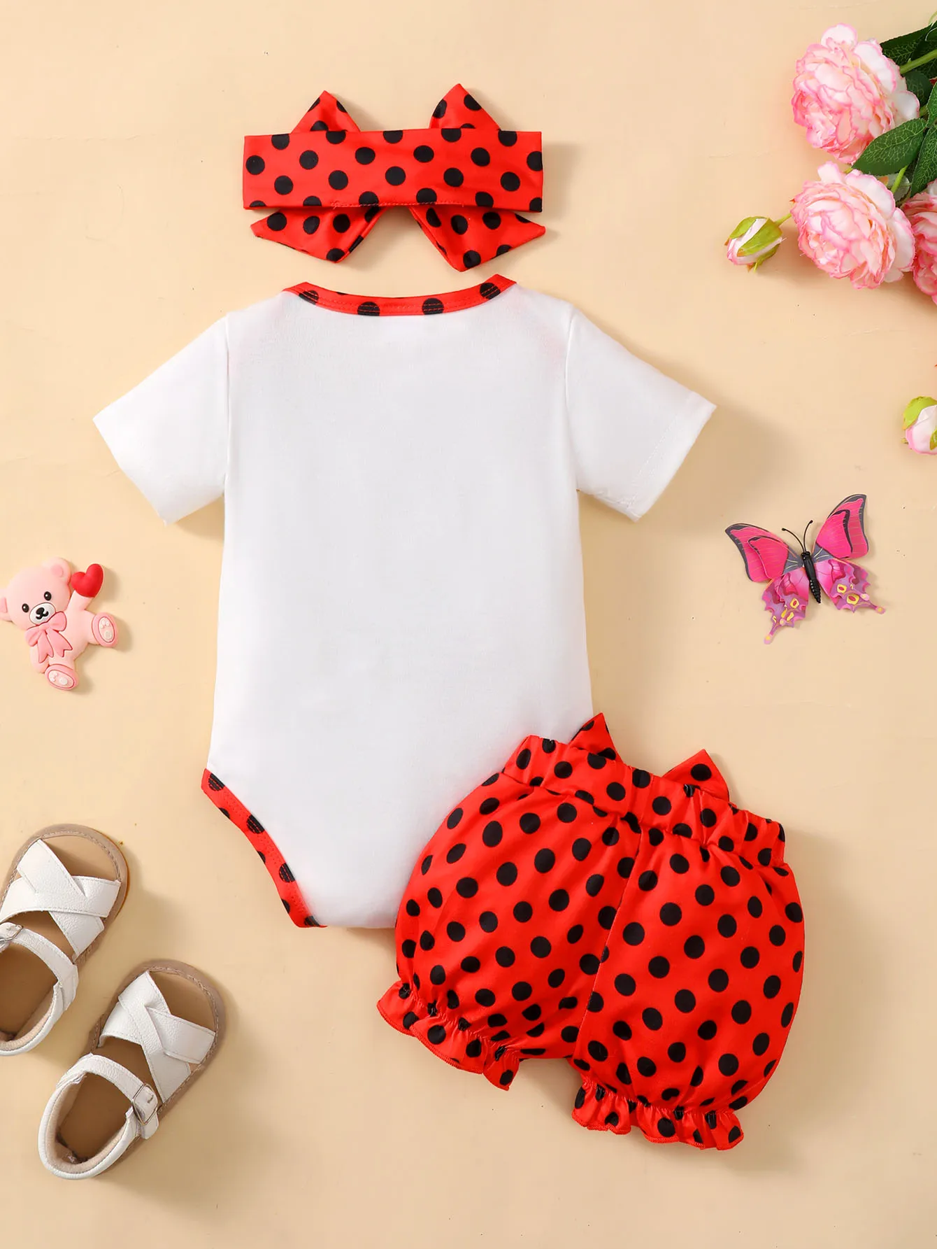 رومبير خنفساء الرضع بأكمام قصيرة وشورت بولكا وعصابة رأس ، مجموعة ملابس لطيفة للأطفال الصغار ، ملابس صيفية ، من 0 إلى 24 شهرًا ، 3 أشهر
