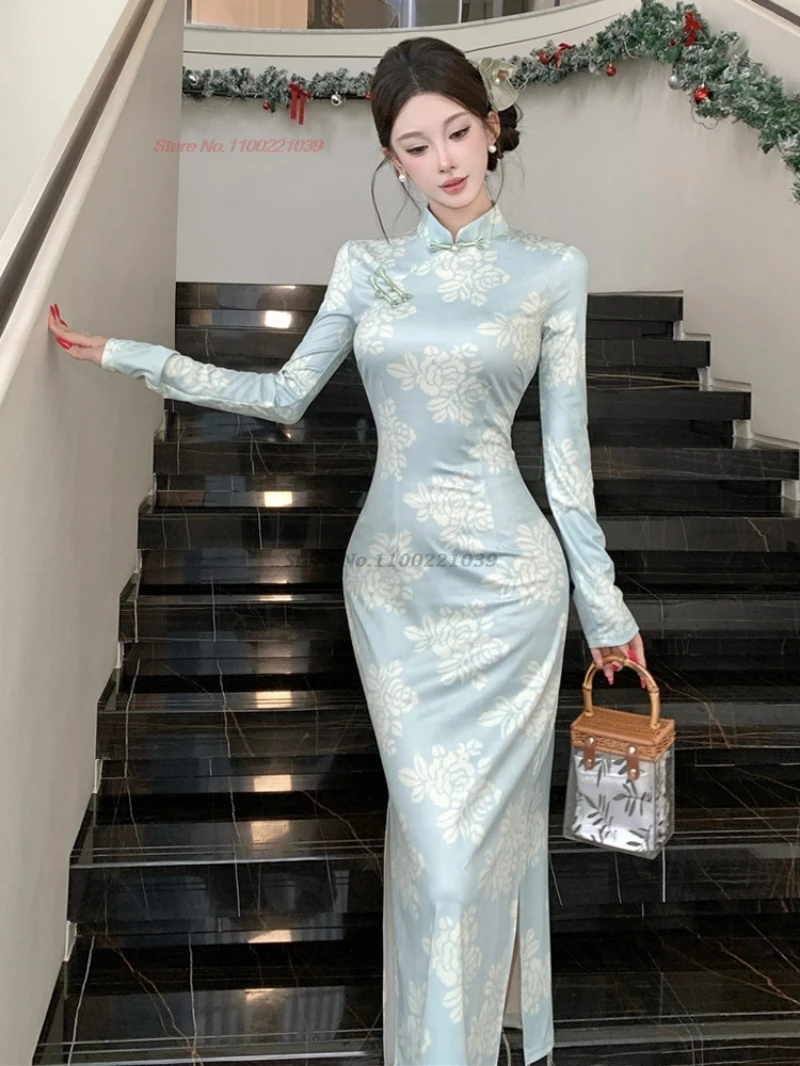 

2026 китайское платье для ночного клуба, улучшенное Cheongsam, традиционный цветочный принт, сексуальное Ципао, ретро, народное платье, восточное банкетное платье