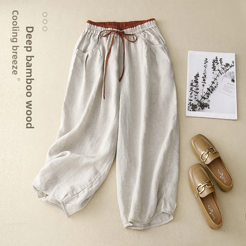 Solto tamanho grande calças harém femininas algodão linho cintura alta nove pontos lanterna calças casuais marca tag removido