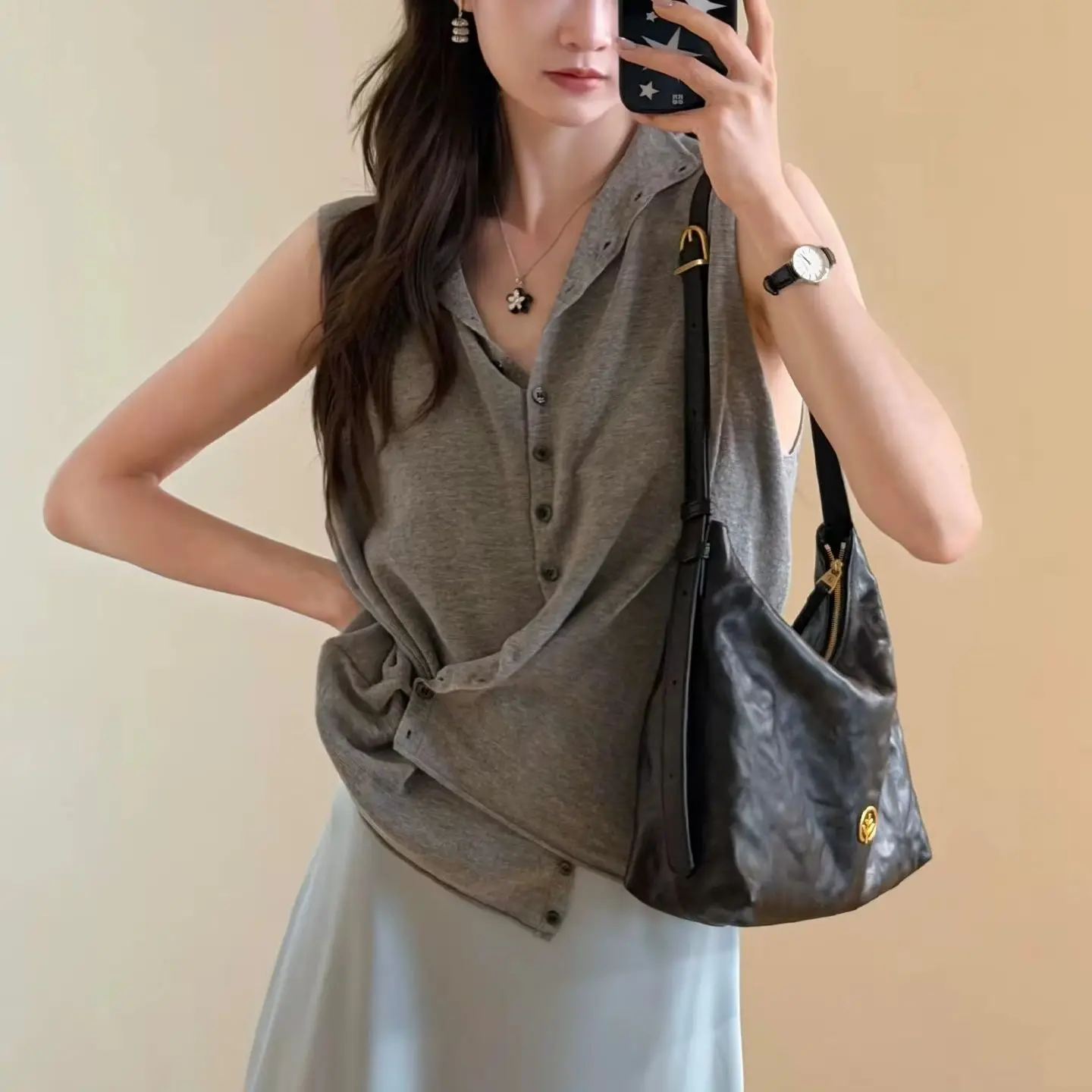 

Summer Grey Unique Knit Camisole Women Sleeveless Vest Elegant Outerwear Inner Daily Basic Tops