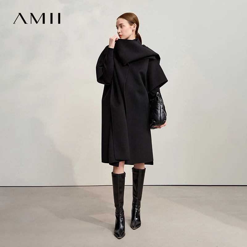 

Amii минимализм женское пальто 2025 зимнее новое однотонное теплое свободное длинное женское шерстяное пальто модная универсальная одежда женская 12524038