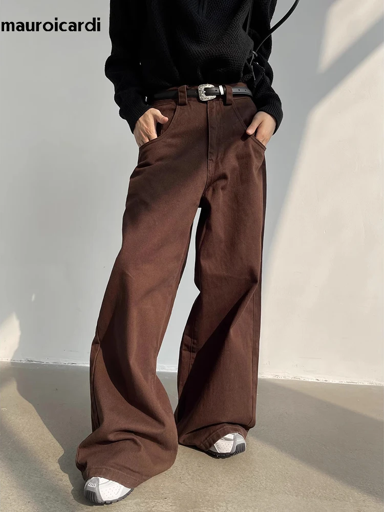 Mauroicardi Autumn Grey Flowy Baggy Wide Leg Pants for Mens Floor Length Fashion Clothing Loose Casual Dark Brown Trousers 2023