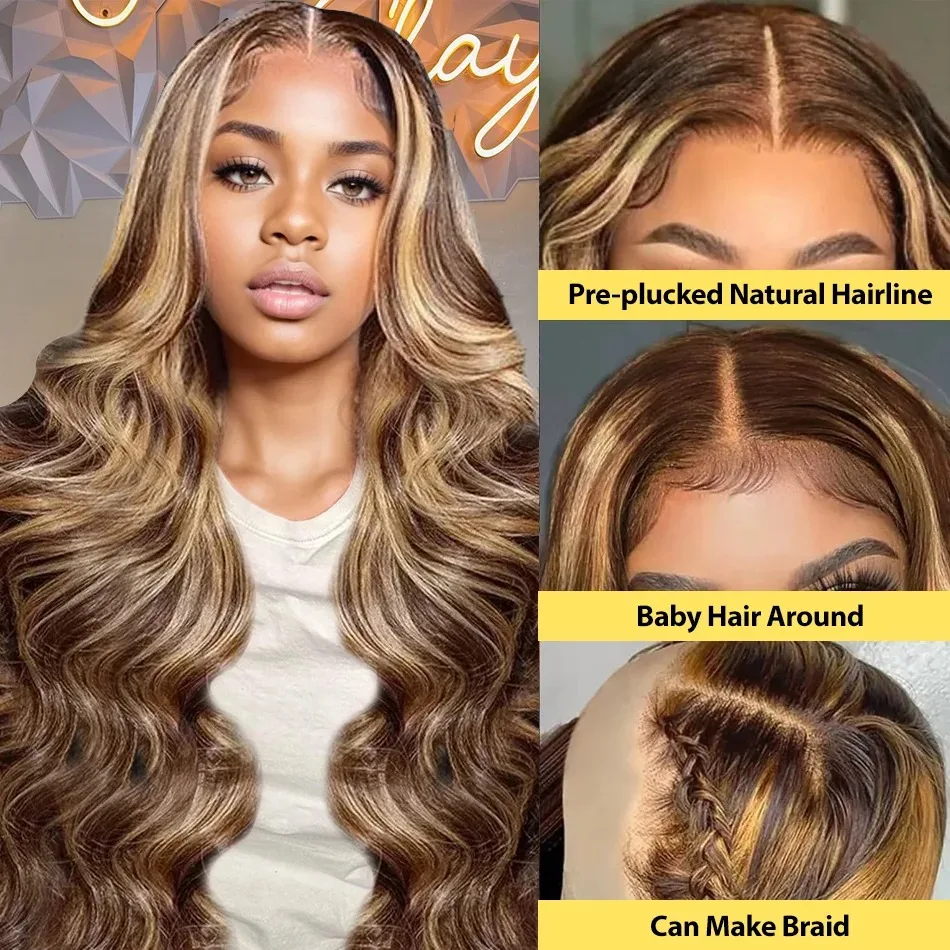 4/27 Highlight Body Wave Perücke Echthaar 13x4 Lace Perücken brasilia nische Body Wave 13x6 transparente Spitze Teil Perücke für Frauen vor gezupft