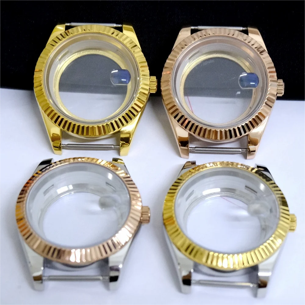 41mm Transparent Magnifying Glass Stainless Steel Watch Case Shell for 8285 Movement Electroplated Gold/Black/Rose Color Parts