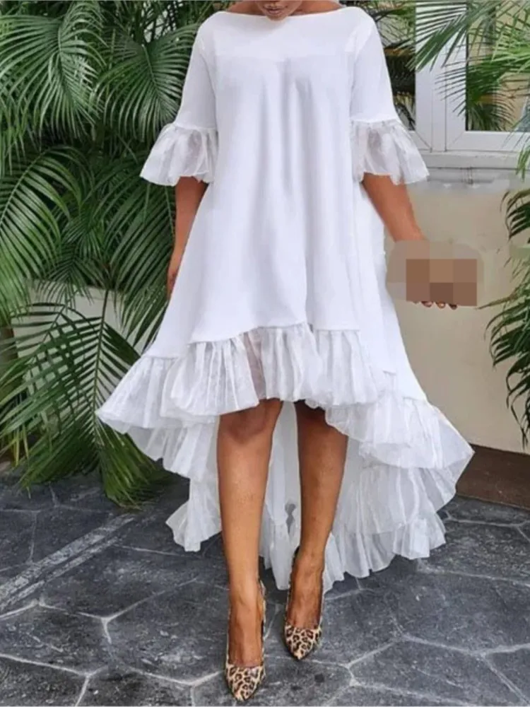 

Lace Patchwork Half Sleeved Dress For Women's Spring Summer New Style Solid Color Loose Irregular Hem Holiday Party Dress