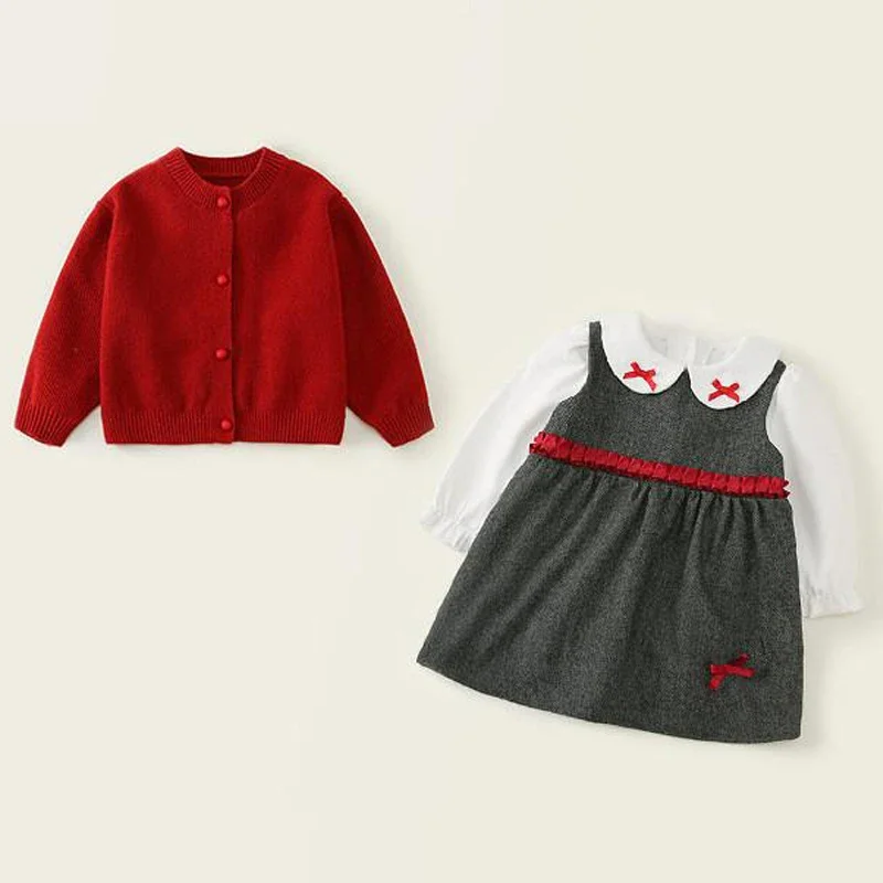 Sweaters Dress Sets For Girls Cardigan Birthday Party Dresses Suits Baby Christening Kids Red Knitted White T-Shirt Vest Tops 1Y