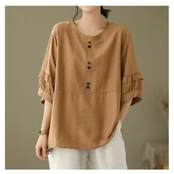 2024 Summer Women Large Size Round Neck Solid Color Tops Loose Cotton and Linen Button Comfortable Casual Short Sleeved T-shirt