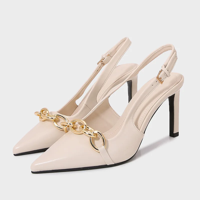 

Za2025 spring new women's shoes metal chain open heel sheep leather elegant high heels pointed toe stiletto flats