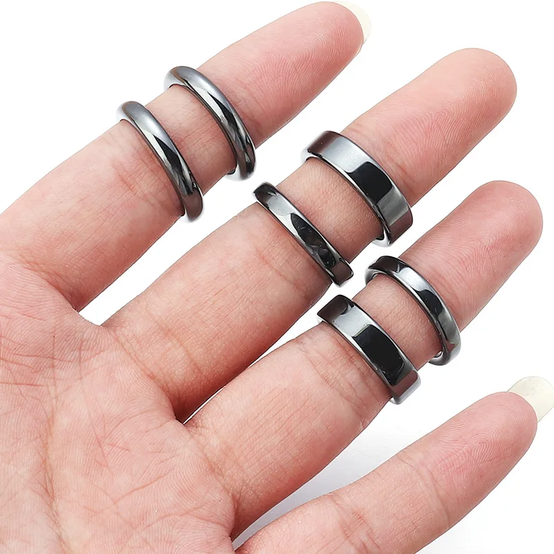 6pcs Unadjustable Black Hematite Rings For Women Men Party Club Smooth Simple Flat Wide Finger Ring Natural Stone 16mm-21mm