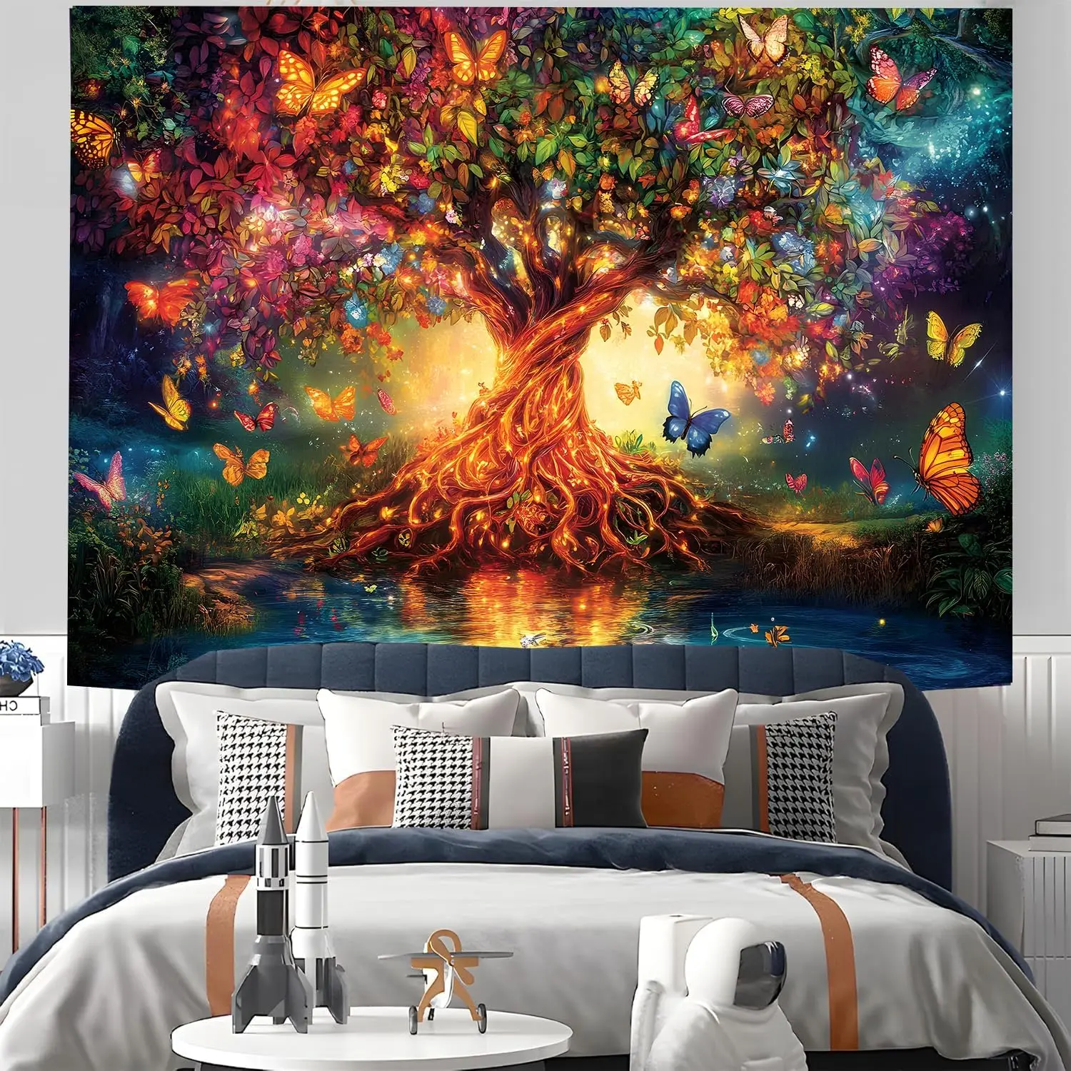 Tree of Life Tapestry – Colorful Butterflies in Wonderland Forest Wall Art for Bedroom or Living Room Decor