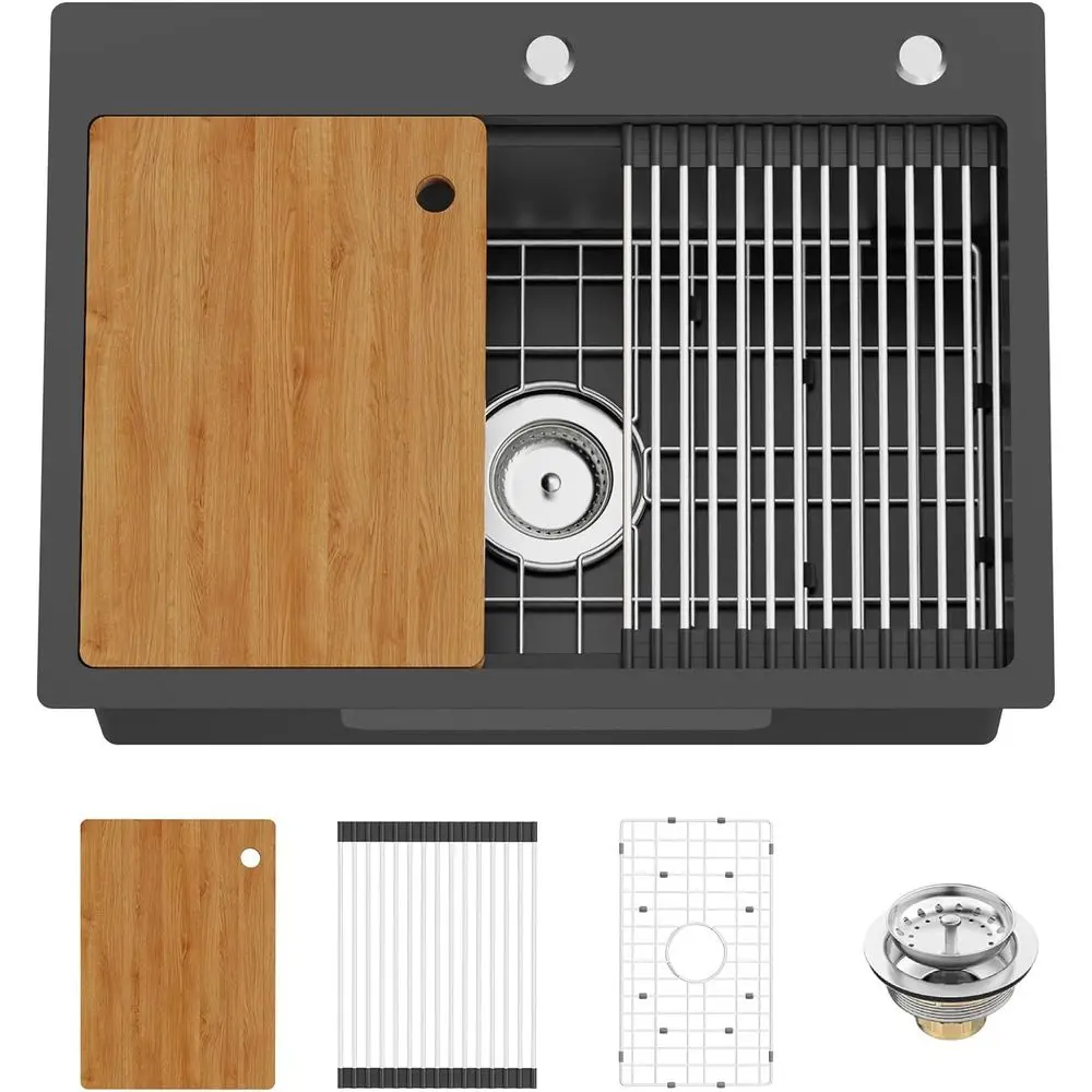 

Черная кухонная раковина-рабочая станция, 25x18 дюймов, из нержавеющей стали, встраиваемая, с одной чашей, комбинированная раковина-рабочая станция с решеткой из нержавеющей стали и сушилкой