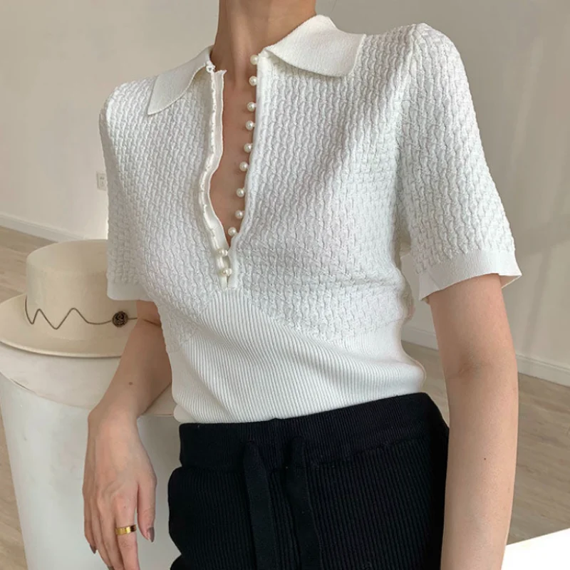 Knitted T-shirts for Women Solid Slim Fit Casual Cozy Beading Design Summer Short-sleeve All-match Korean Style Fashion Newly