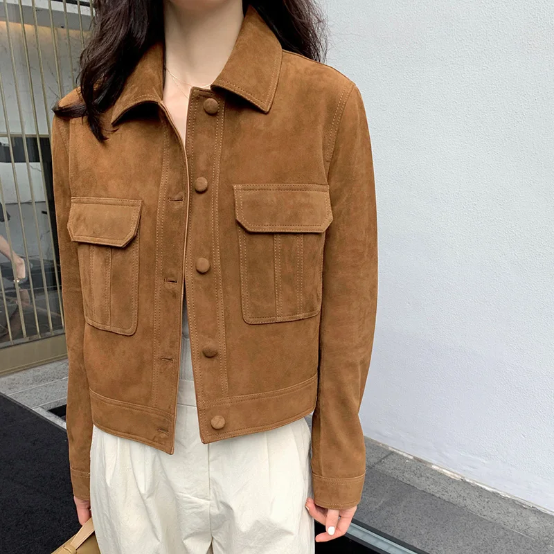 

Women's Suede Jacket Classic Brown Genuine Sheepskin Single Breasted Vintage Long Sleeve Parka Chic Outwear Tops TF5844