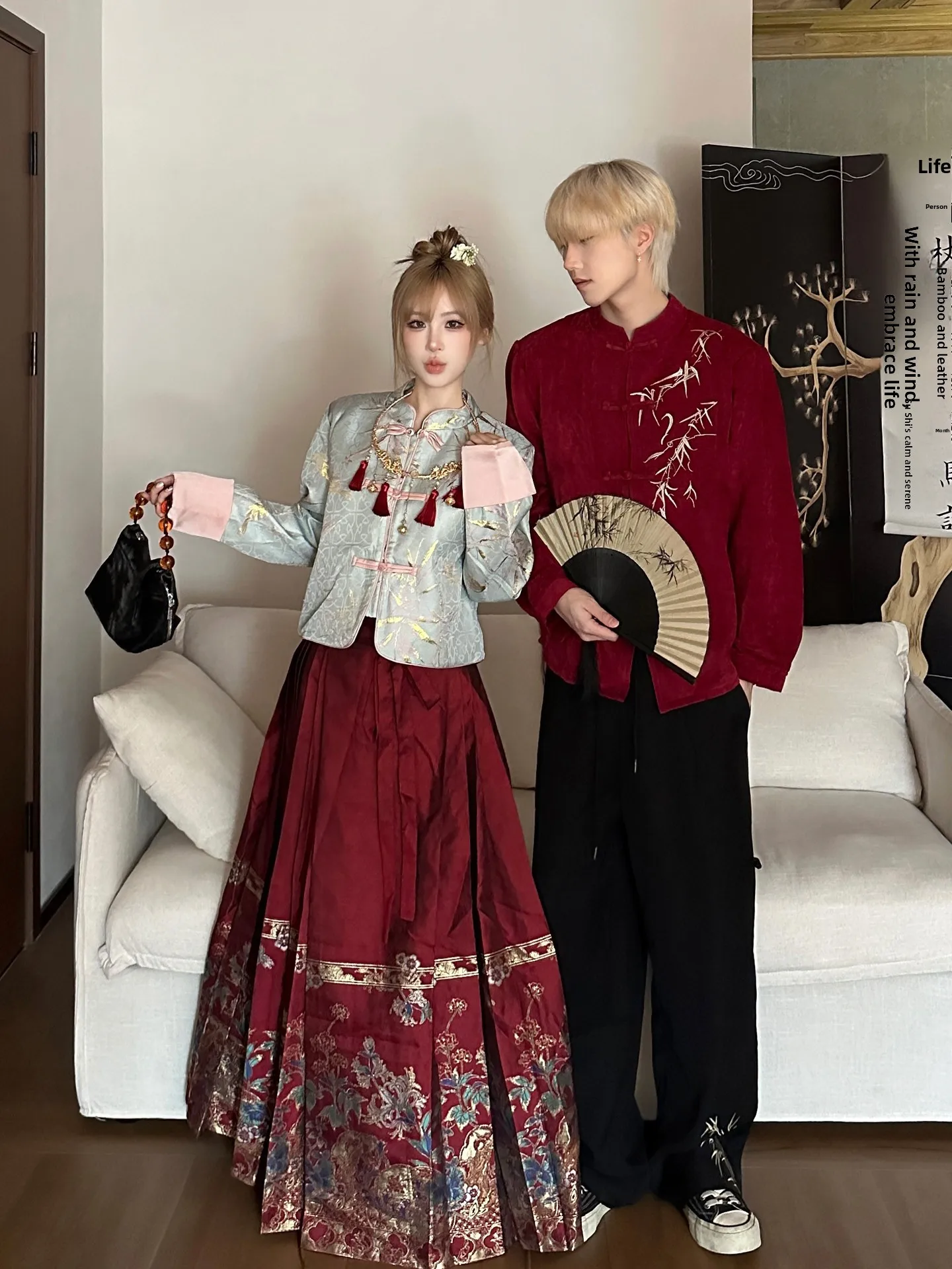 New Chinese Style Couple Matching Long Sleeve Shirt Hanfu Men's Women's Wedding Engagement Performance Red Dress Code Outfit