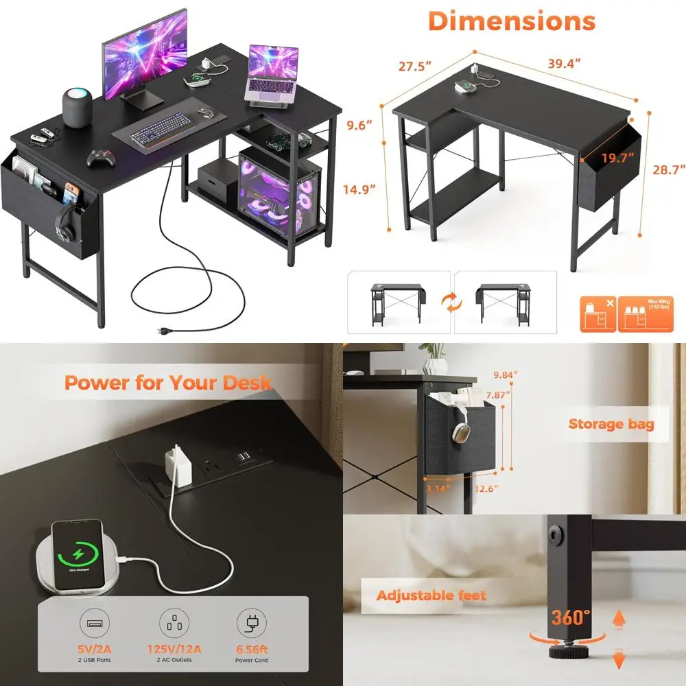Compact Corner Gaming Desk with Power Outlets and Reversible Storage Shelves for Small Spaces and Enhanced Study Setup