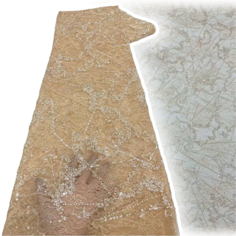 Green 5 Yards African Beads Groom Tulle Lace Fabric High Quality Sequins Embroidery French Tulle Laces for Party Sewing 2041