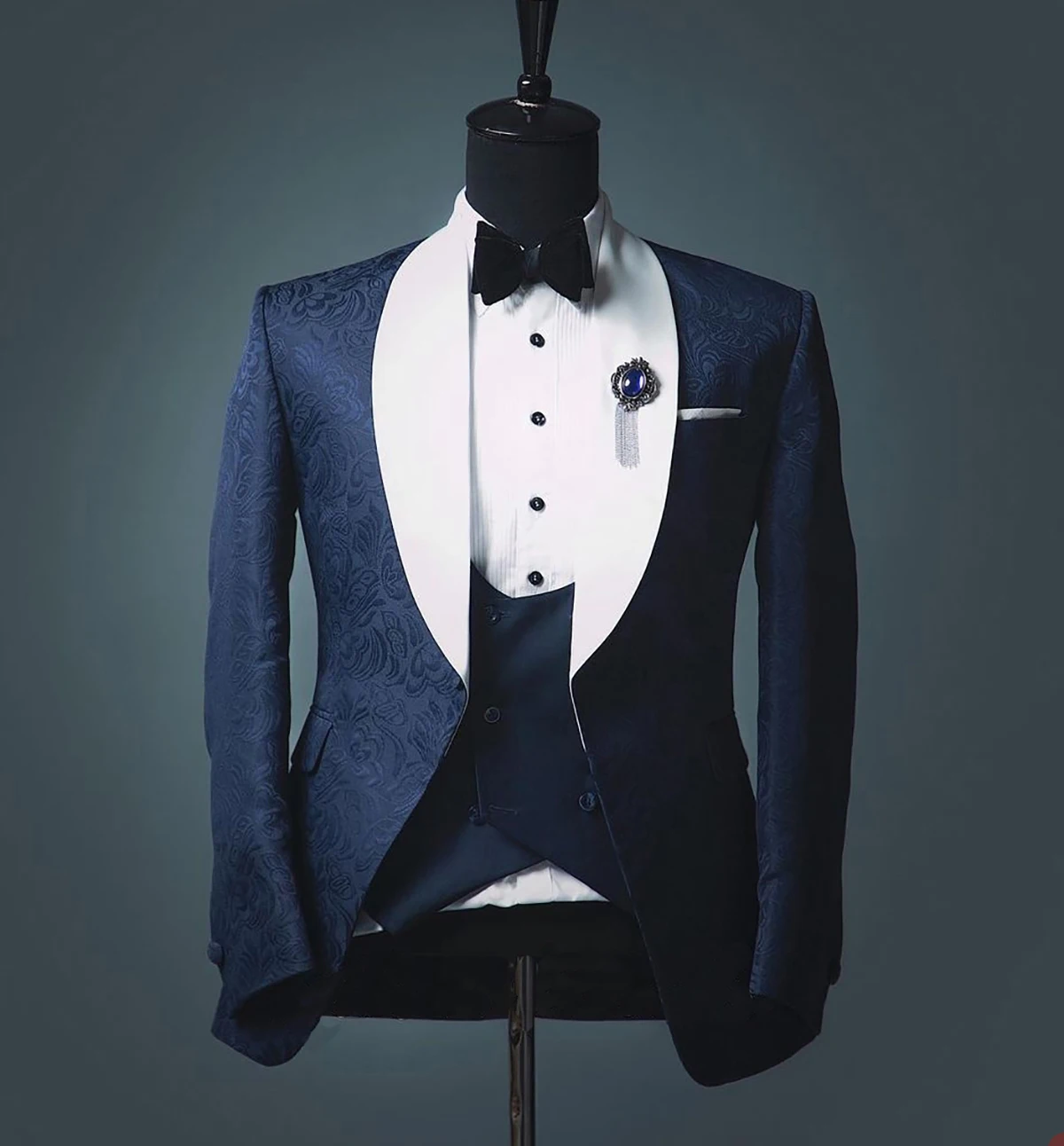 Navy New Men Suits 2 Pieces jacquard Blazer Vest One Button White Satin Lapel Tuxedo Fashion Wedding Formal Work Causal Tailored