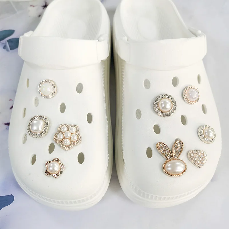 

9PCS Shoe Charms for Crocs Metal Pearl Diamond Decoration Buckle for Croc Charms Set Accessories Kids Party Woman Girls Gift