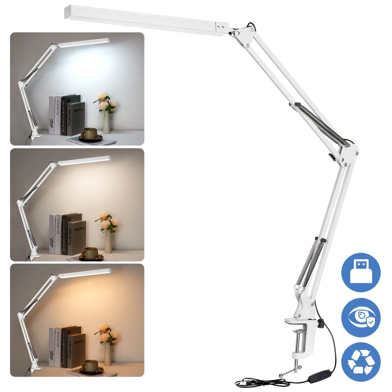 Dubbele LED bureaulamp, oogbeschermende bureaulamp met klem, verstelbare flexibele zwanenhals bureaulamp voor thuiskantoor en studie - afbeelding 1