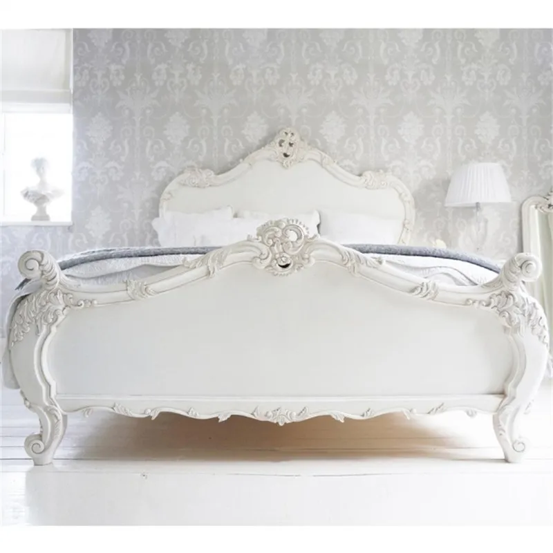 French retro bed white old antique handmade solid wood carving rococo palace luxury master bedroom double bed
