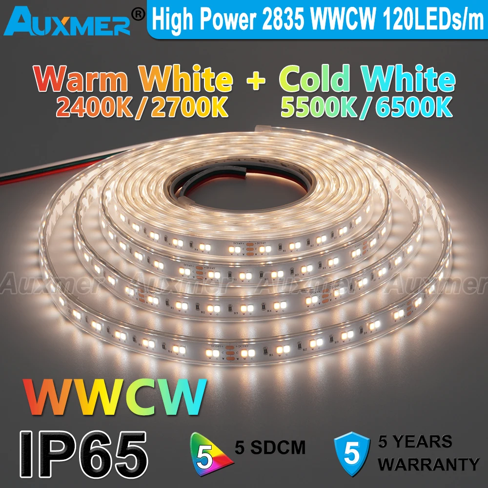High Power 2835 WWCW LED Strip Light 120LEDs/m IP65 Waterproof CRI90/95 19.2W/m 28.8W/m CCT Adjustable White LED DC12/24V 5m