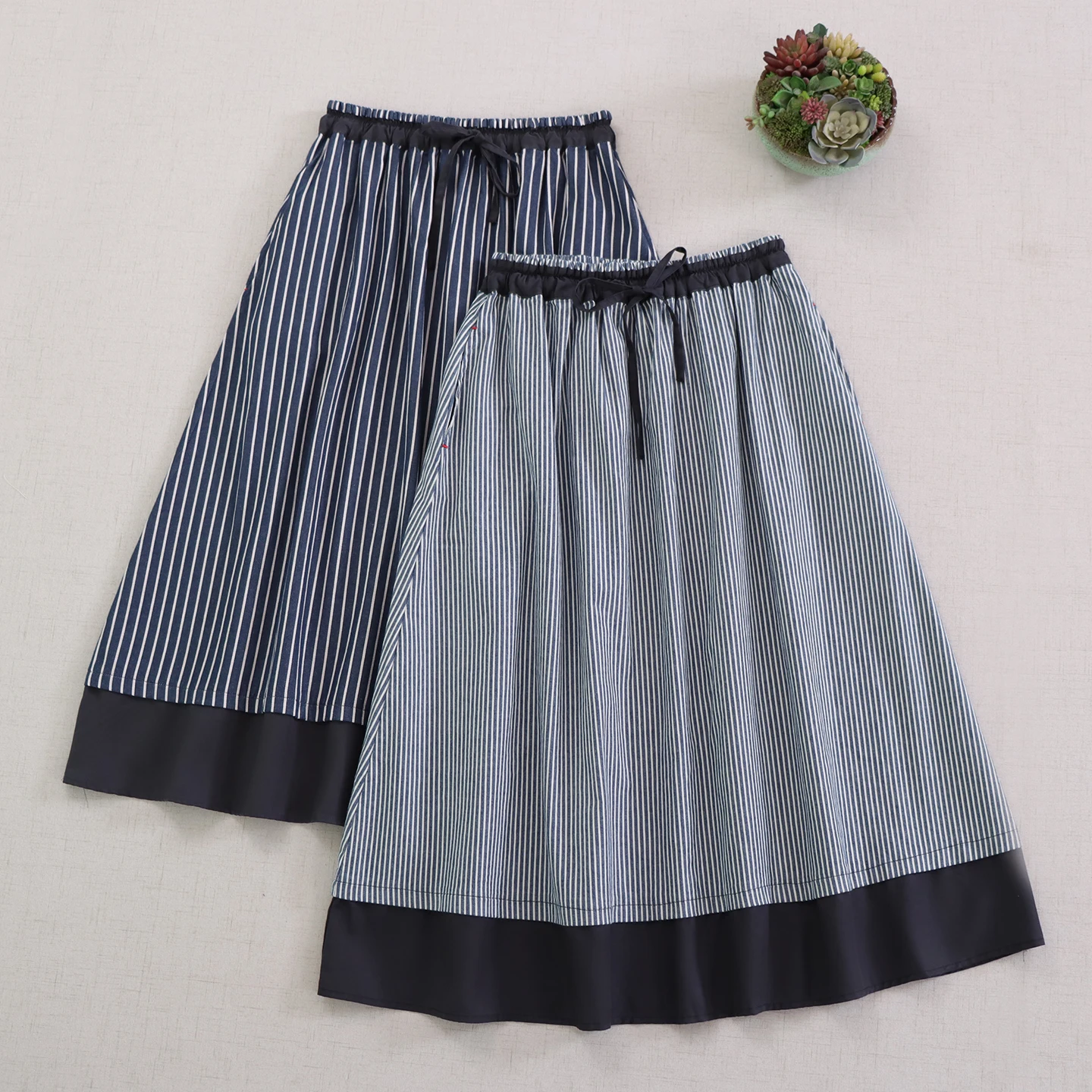 Japanse Mori Meisje Vintage Gestreepte Katoenen Rokken Vrouwen Herfst Nieuwe Lace Up Elastische Taille Elegant Casual Losse A-lijn Midi Rokken