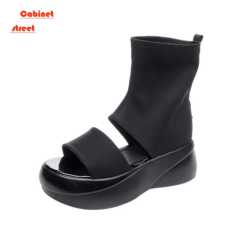 

Summer Muffin Thick-soled Hollowed-out Slimming Open Everything Toe Elastic Riveted Tall Fish Mouth Women Boots Platform Sandals