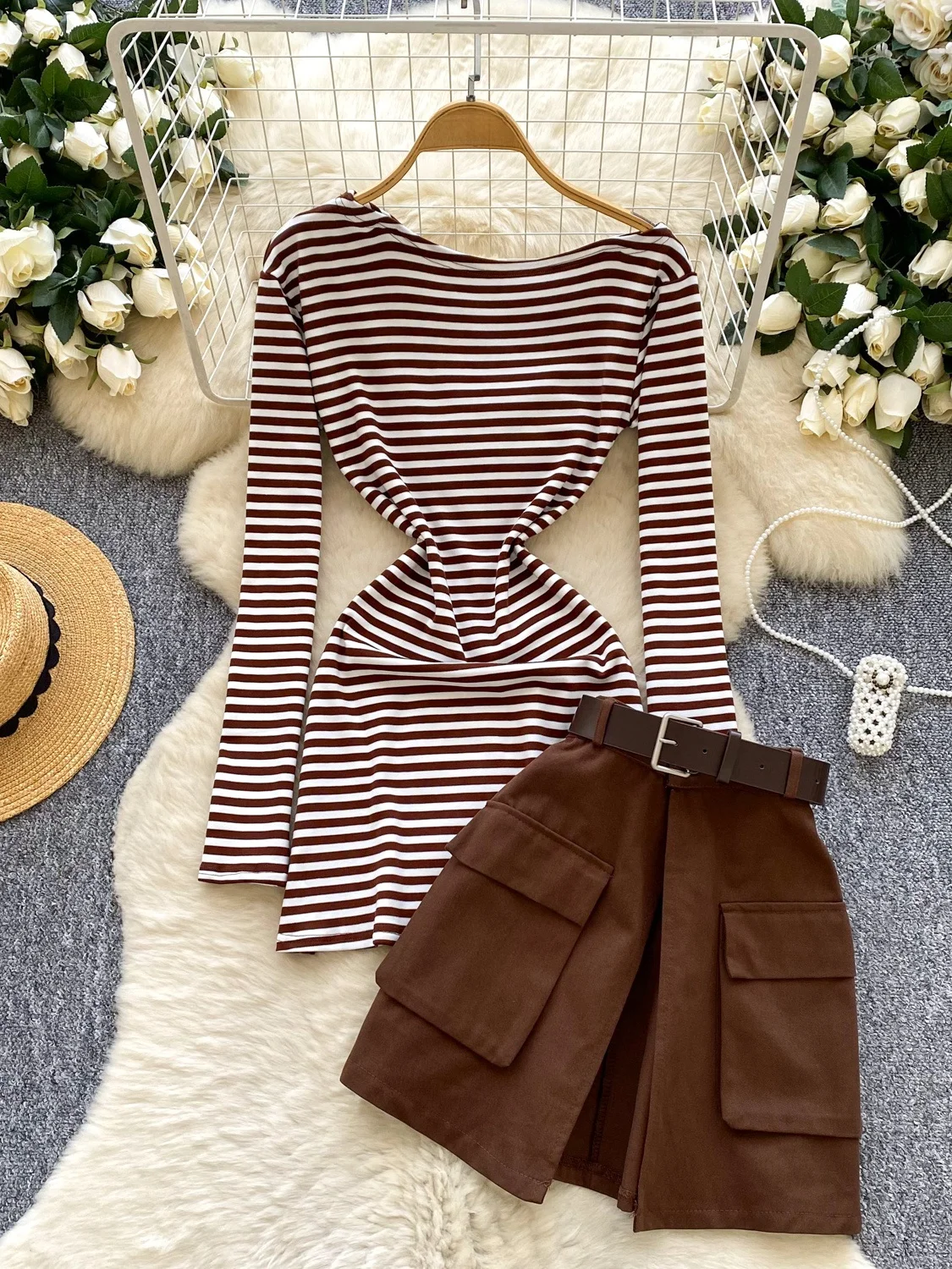 Korean Sle Women's Slim Fit Striped T-irt Dr oulder Design Long Sve High Waist f Skirt Two Piece Set Casual Wear