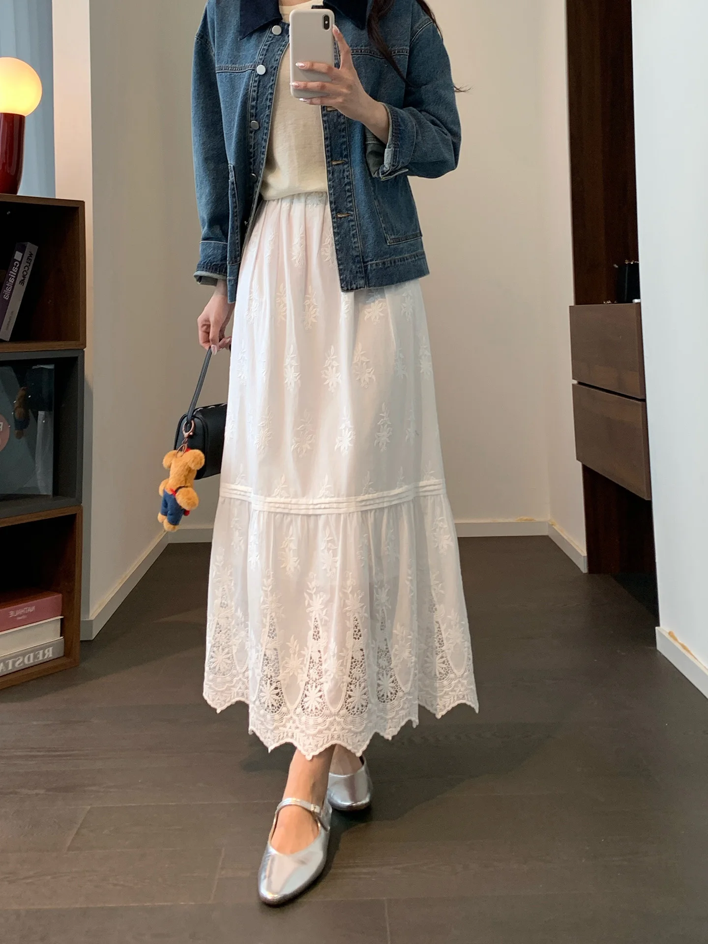 

Романтичная юбка-миди с высокой талией, эластичная, из хлопка, с кружевом и цветочной вышивкой, А-силуэт, расклешенная, для женщин