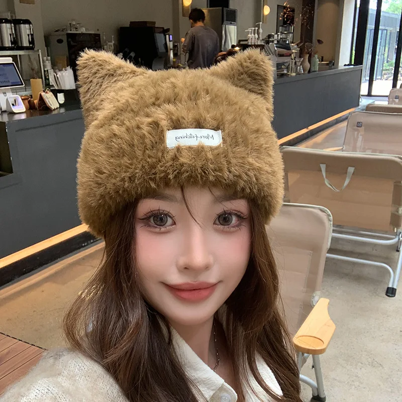 2025 Y2K Winter Plush Beanies Cute fox Ear Hat Warm Lace-up Gorros Knitting Cap Women Bonnets Protection Bomber Korea Ear Knit