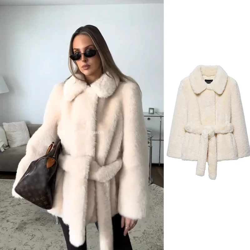 2025 Woman Beige Faux Fur With Belt Long Coat Fashion Women Winter Fashion Thick Warm Lapel Jacket Outerwear Streetwear