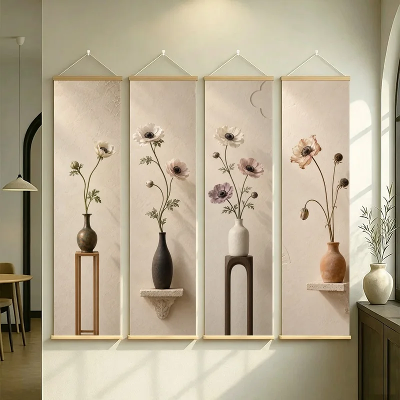 Anemone Wall Art 4-Panel Ivory Mauve Floral Vase Hanging Scroll Set on Cream Silver Shimmer Canvas for Serene Bedroom Decor