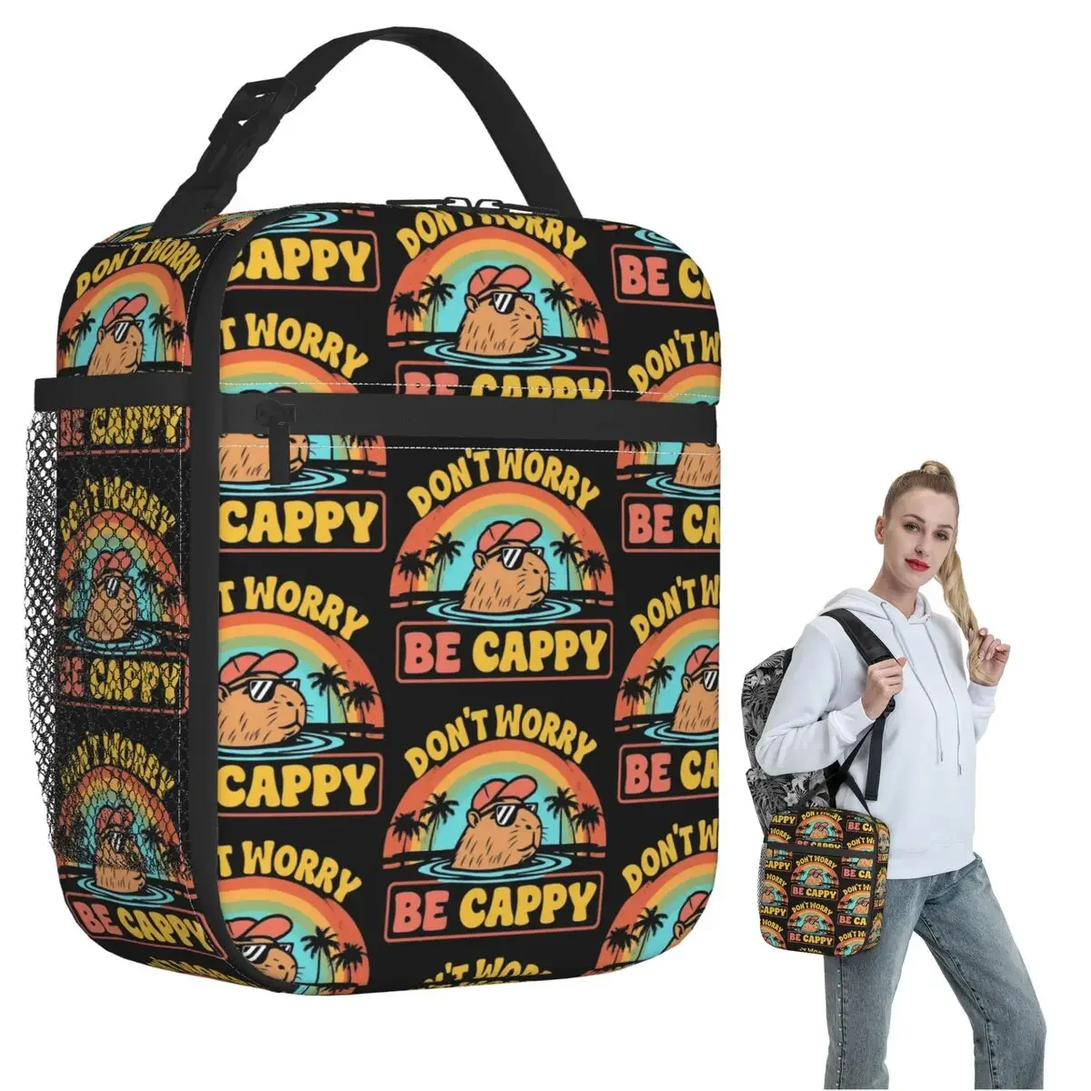 Embrace The Capybara Craze Don't Worry Be Cappy Insulated Lunch Bag Women Children Leakproof Food Boxes Thermal Lunch Box Tote