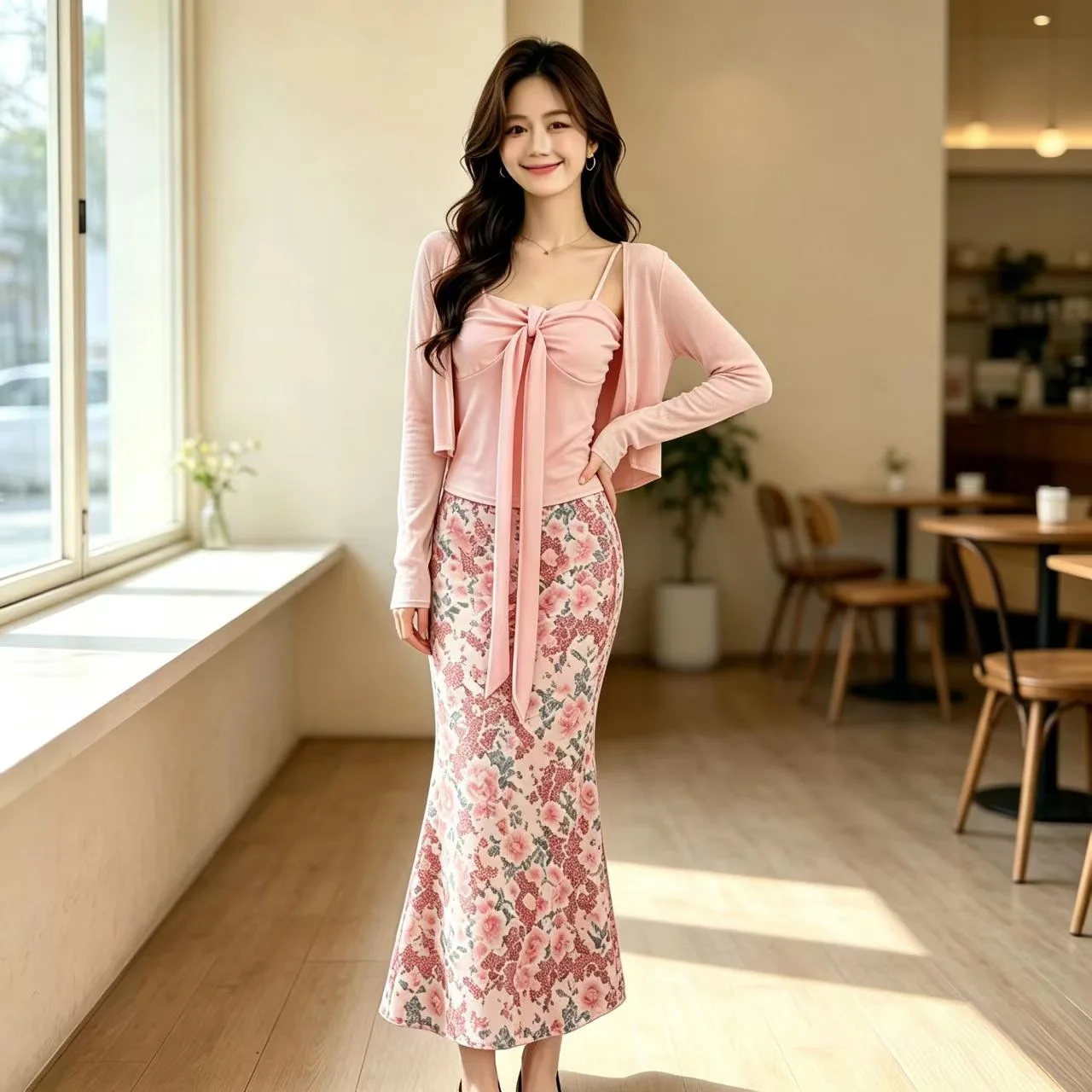 Adjustable Strap Floral Print Halter Top And Fish Tail  Skirt Women's Set Korean Style Casual Sportswear Ensemble