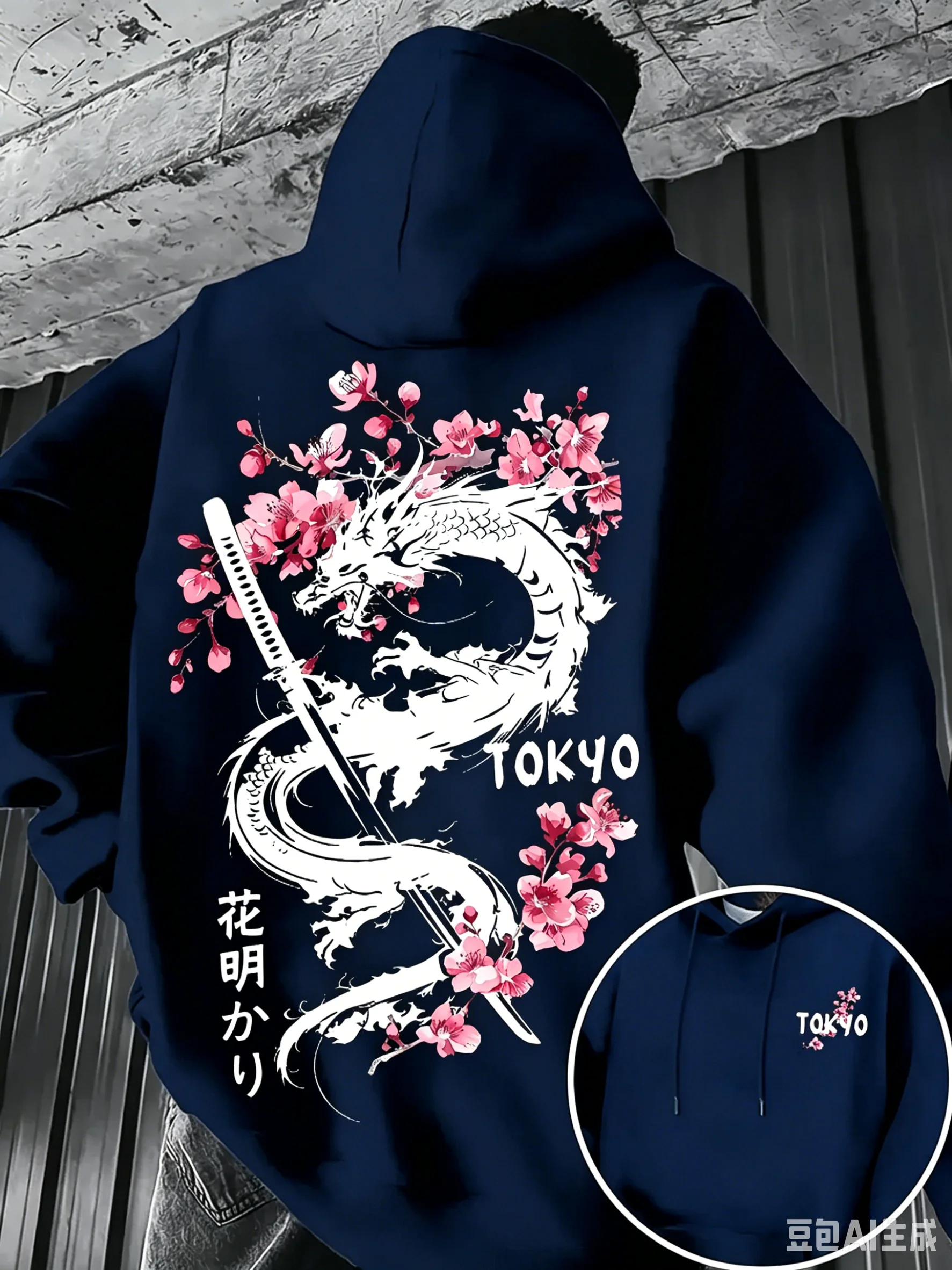 Men's Retro Style Autumn/Winter Ink Painting Mythical Dragon Cherry Blossom Samurai Sword Hooded Sweatshirt Outdoor Sports Warm