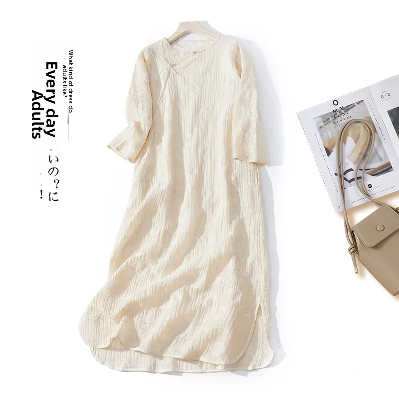 Retro geborduurd katoen Lin Long Sve Dr Slit Design groot formaat dameskleding opstaande kraag Sle Qipao Dr