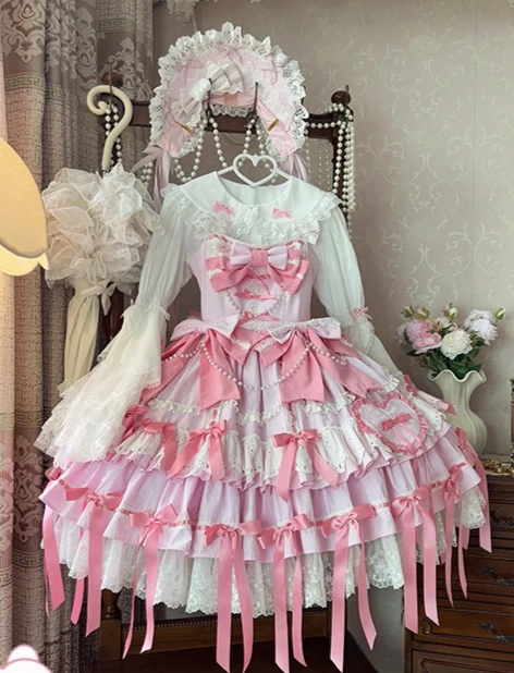 Original Sweet Lolita Pink Princess Dress JSK Autumn New Women's Slim Fit Elegant Tea Dress Japanese Girl's Doll Birthday Dress