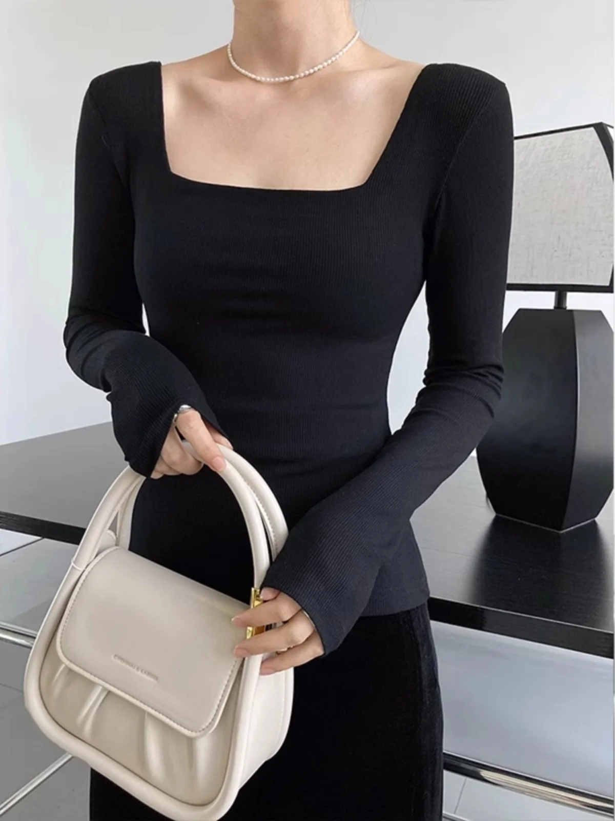 

Slim Fit Long Sleeve Square Collar Base Shirt Women's Spring Autumn Style Pure Color Exposing Clavicle T-Shirt Fashionable Ve...