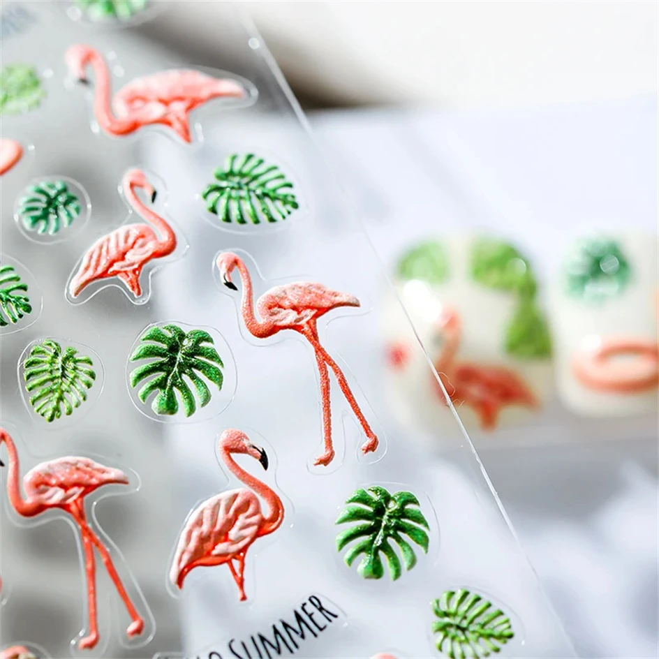 Niedliche rote Flamingo grün Turtle back Bambus Nail Art Dekoration Aufkleber 5d 3d selbst klebende Nagel Anruf Telefon Aufkleber DIY Frau Sommer