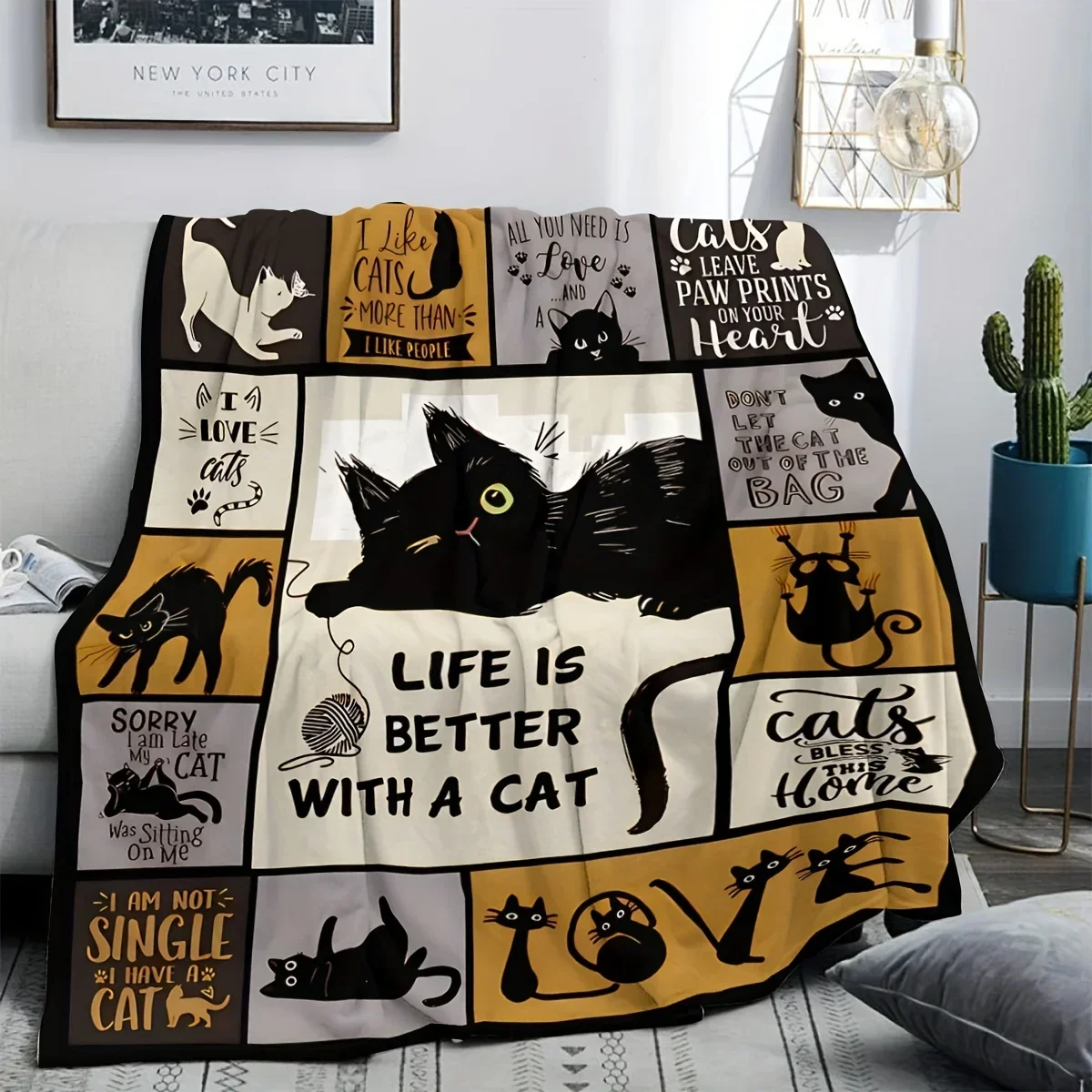Lucky Cat Digital Print Throw Blanket - Perfect for Halloween, Naps, Air Conditioning, Sofa & Camping - All-Season Flannel