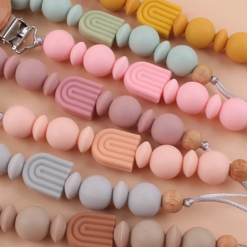 Silicone Rainbow Bead Pacifier Clips Wood Chew Dummy Chain Holder Newborn Soother Chains Nipple Holder Baby Teething Toys Gifts